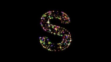 S alfabesi düz siyah arkaplan üzerinde parıldayan renkli simler ile