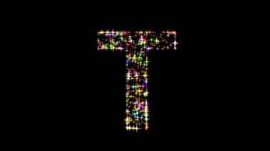 Sade siyah arkaplanda parıldayan renkli parıltılı İngiliz alfabesi T