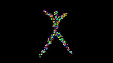 Sade siyah arkaplan üzerinde renkli kare parçacıkları olan insan şekli