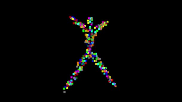 Μόνιμη Ανθρώπινο Σχήμα Πολύχρωμα Τετράγωνα Σωματίδια Απλό Μαύρο Φόντο — Αρχείο Βίντεο