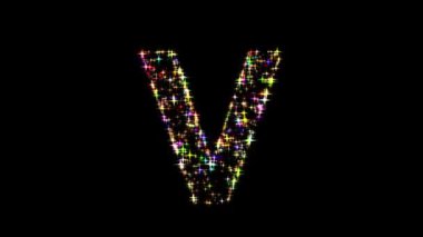 İngiliz alfabesi V düz siyah arkaplan üzerinde renkli simler parlıyor