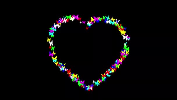 Forma Coração Com Borboletas Coloridas Fundo Preto Liso — Vídeo de Stock