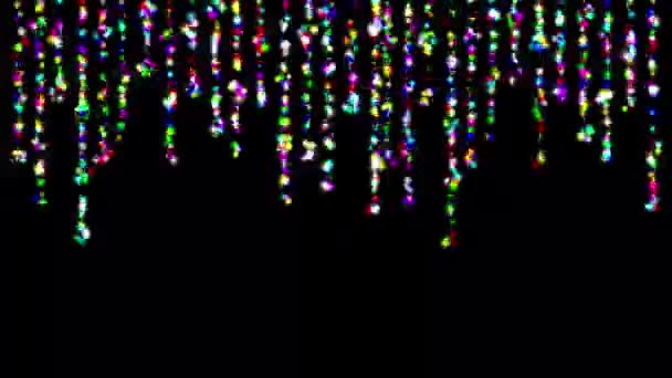 Decoratieve Lichte Snaren Met Kleurrijke Glitters Effen Zwarte Achtergrond — Stockvideo