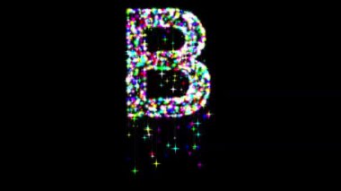 B alfabesi renklendirilmiş parıltılı ve kayan yıldızlı düz siyah arkaplan.
