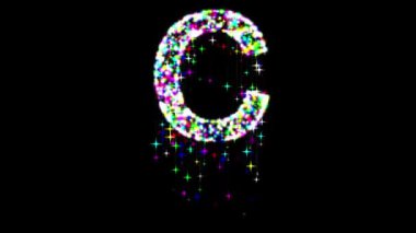 İngiliz alfabesi C, parlak renklerle parıldıyor ve kayan yıldızlar düz siyah arkaplanda.