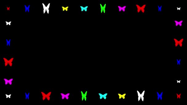 Πολύχρωμες Πεταλούδες Διακοσμητικά Γραφικά Κίνησης Πλαίσιο Απλό Μαύρο Φόντο — Αρχείο Βίντεο