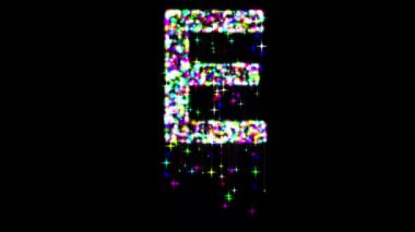 İngiliz alfabesi E, parlak renklerle parıldıyor ve kayan yıldızlar düz siyah zemin üzerinde