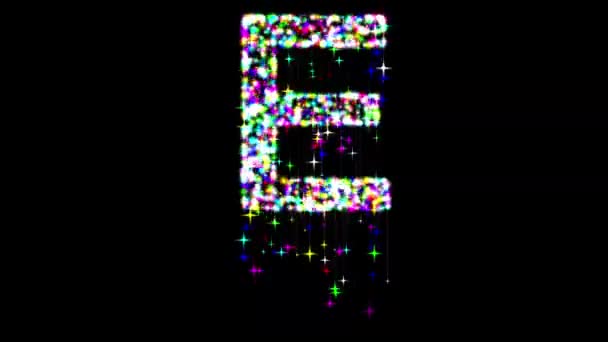 英語のアルファベットE カラフルな輝きと平らな黒の背景に落ちる星 — ストック動画