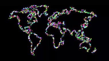 Sade siyah arkaplanda parıldayan renkli parıltılı dünya haritası