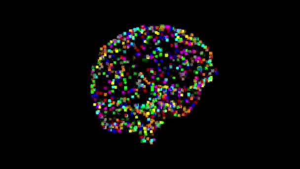 Pyörivä Ihmisen Aivot Värikkäitä Pikselihiukkasia Tavallinen Musta Tausta — kuvapankkivideo