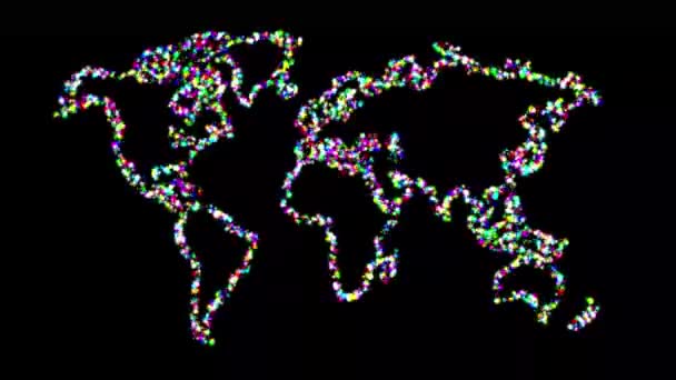 素色黑色背景上闪烁着五彩斑斓光芒的世界地图 — 图库视频影像
