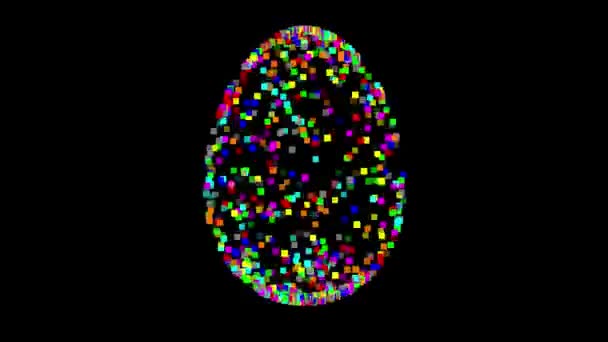Girando Forma Huevo Con Partículas Píxel Colores Sobre Fondo Negro — Vídeos de Stock
