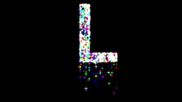 英語のアルファベットL カラフルな輝きと平らな黒の背景に落ちる星 — ストック動画