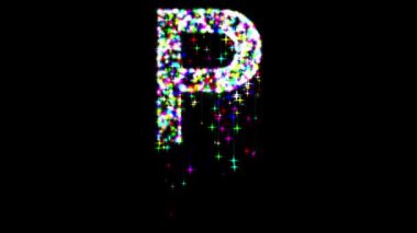 İngiliz alfabesi P ile renklendirici ışıltılar ve kayan yıldızlar düz siyah arkaplan üzerinde