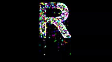 Renkli parıltılı ve kayan yıldızlı İngiliz alfabesi R düz siyah zemin üzerinde