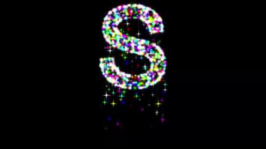 S alfabesi. Sade siyah arkaplan üzerinde renkli parıltılı ve kayan yıldızlar.