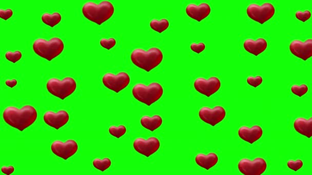 Röda Hjärtan Rörelse Grafik Med Grön Skärm Bakgrund — Stockvideo