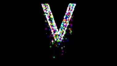 İngiliz alfabesi V, parlak renklerle parıldıyor ve kayan yıldızlar düz siyah arkaplan üzerinde