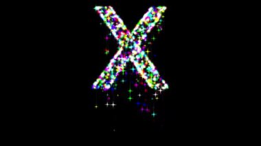 İngiliz alfabesi X renkli parıltılı ve kayan yıldızlı düz siyah arkaplan