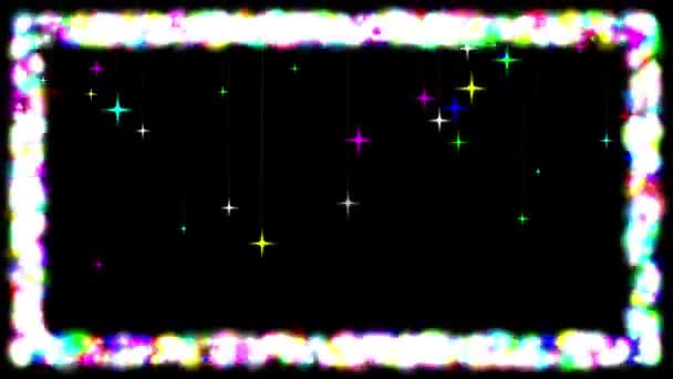 Kleurrijke Glitter Schittert Decoratief Frame Vallende Sterren Effen Zwarte Achtergrond — Stockvideo