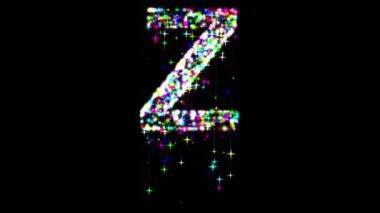 İngiliz alfabesi Z, parlak renklerle parıldıyor ve kayan yıldızlar düz siyah arkaplan üzerinde