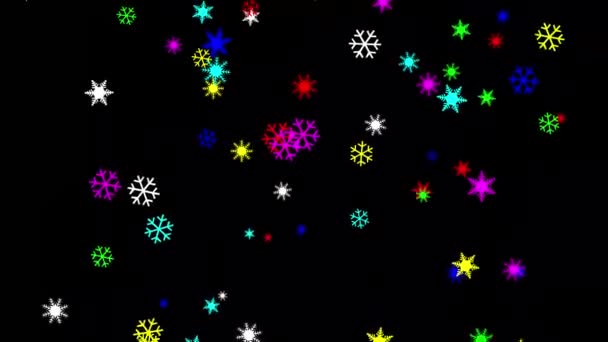 Spadające Kolorowe Płatki Śniegu Ruchu Grafiki Prostym Czarnym Tle — Wideo stockowe
