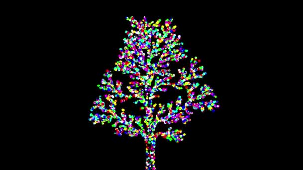 平らな黒の背景にカラフルな光沢のある粒子が付いている木の形 — ストック動画