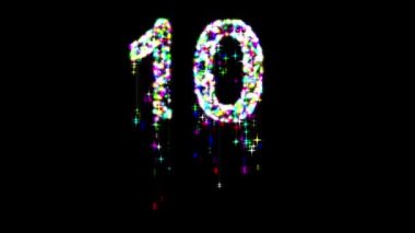 Siyah arka planda renkli parıltılı ve kayan yıldızlı 10 numara.