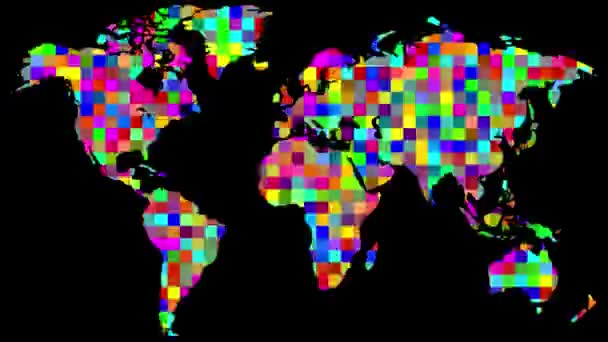 Mapa Mundo Com Partículas Coloridas Pixel Sobre Fundo Preto Liso — Vídeo de Stock
