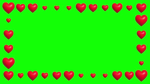 Червоні Серця Декоративна Графіка Руху Рамки Зеленим Екраном Фону — стокове відео
