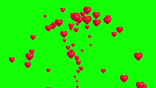 Röda Hjärtan Fontän Rörelse Grafik Med Grön Skärm Bakgrund — Stockvideo