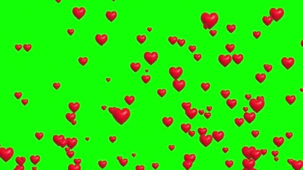 Stigande Röda Hjärtan Rörelse Grafik Med Grön Skärm Bakgrund — Stockvideo