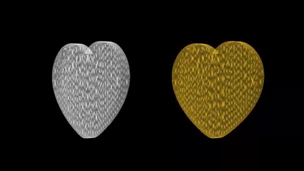 Περιστρεφόμενες Καρδιές Ασήμι Και Χρυσό Απλό Μαύρο Φόντο — Αρχείο Βίντεο