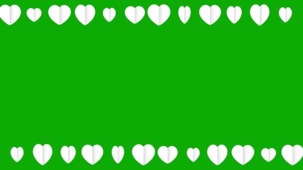 Verplaatsen Van Witte Papieren Harten Decoratieve Frame Groene Scherm Achtergrond — Stockvideo