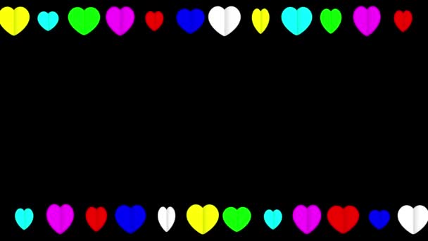 Movendo Corações Papel Coloridos Moldura Decorativa Fundo Preto Liso — Vídeo de Stock