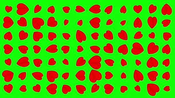 Yeşil Ekranda Kırmızı Kağıt Kalpler Düzensiz Desen — Stok video