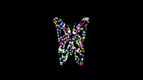Fluttering Πεταλούδα Πολύχρωμο Glitter Λάμπει Απλό Μαύρο Φόντο — Αρχείο Βίντεο