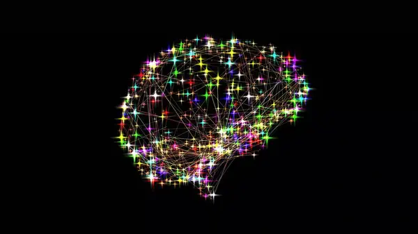 Renkli yıldızlarla ve düz siyah arkaplanda birbirine bağlı çizgilerle insan beyni şeklinin güzel bir çizimi