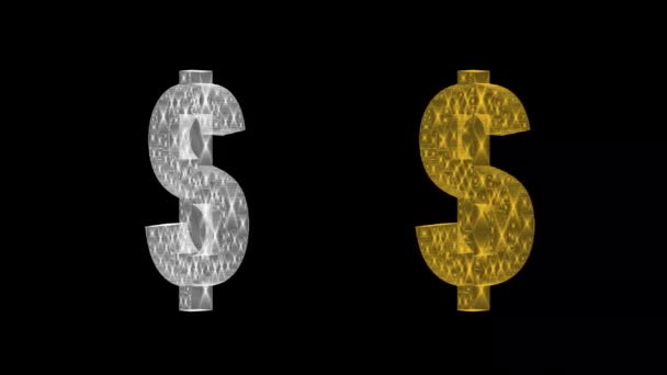 Spinning Ezüst Arany Dollár Szimbólumok Egyszerű Fekete Háttér — Stock videók