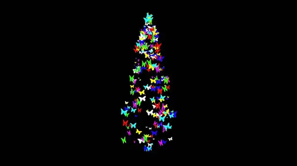 鮮やかな黒の背景にカラフルな蝶を持つクリスマスツリーの美しいイラスト — ストック写真