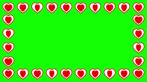 Röda Hjärtan Dekorativ Ram Grön Skärm Bakgrund — Stockvideo