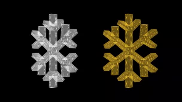 Spinnende Silberne Und Goldene Schneeflocken Auf Schlichtem Schwarzen Hintergrund — Stockvideo