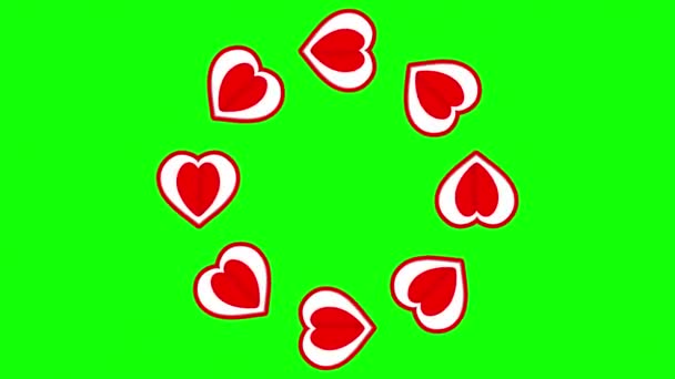 Обертання Червоних Сердець Фоні Зеленого Екрану — стокове відео