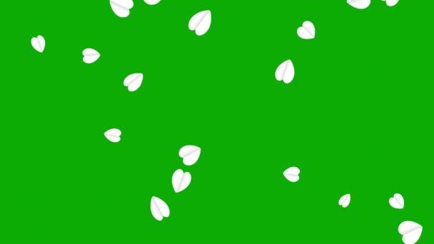 Yeşil Ekran Arka Planında Düşen Beyaz Kağıt Kalpler — Stok video