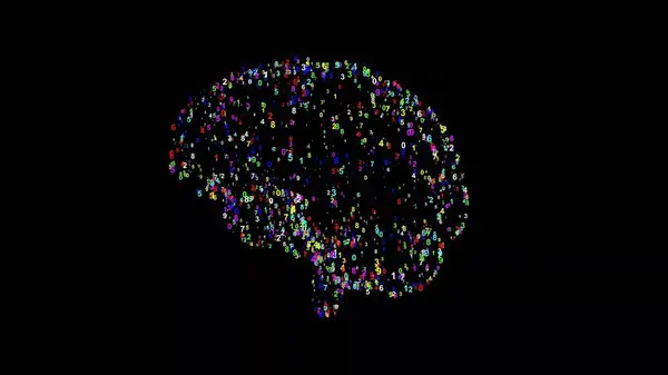 白黒背景にカラフルな数字を持つ人間の脳の美しいイラスト — ストック写真