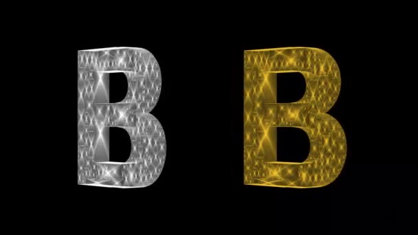 纯黑背景的旋转白银和金色3D英文字母B — 图库视频影像