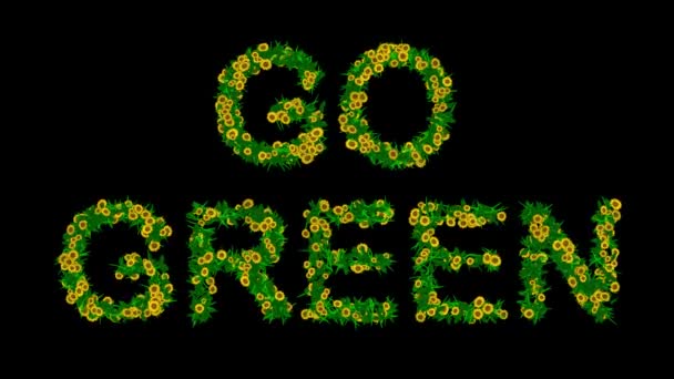 Перейти Зеленый Текст Желтыми Цветами Маргаритки Зеленые Листья Обычном Черном — стоковое видео