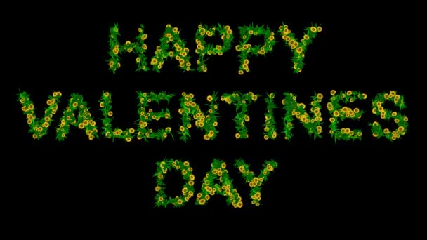 Happy Valentines Day Κείμενο Κίτρινα Λουλούδια Μαργαρίτα Και Πράσινα Φύλλα — Αρχείο Βίντεο