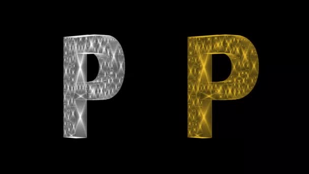 シルバーとゴールデン3DイングリッシュアルファベットPを平らな黒の背景にスピニング — ストック動画