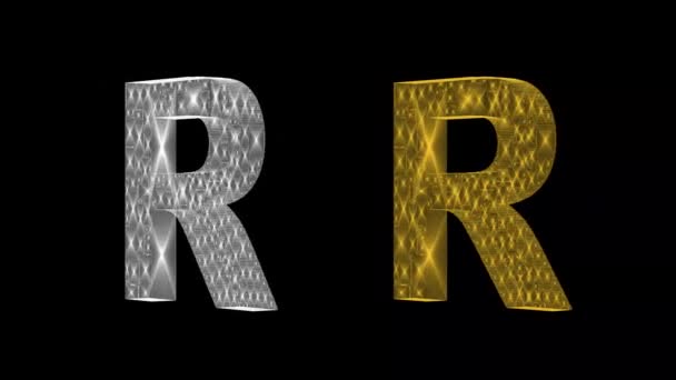 纯黑背景上旋转的银色和金色3D英文字母R — 图库视频影像